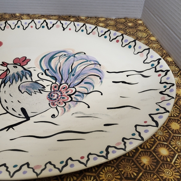 Hand Painted Oval Art Pottery Serving Platter Rooster - Picture 5 of 15